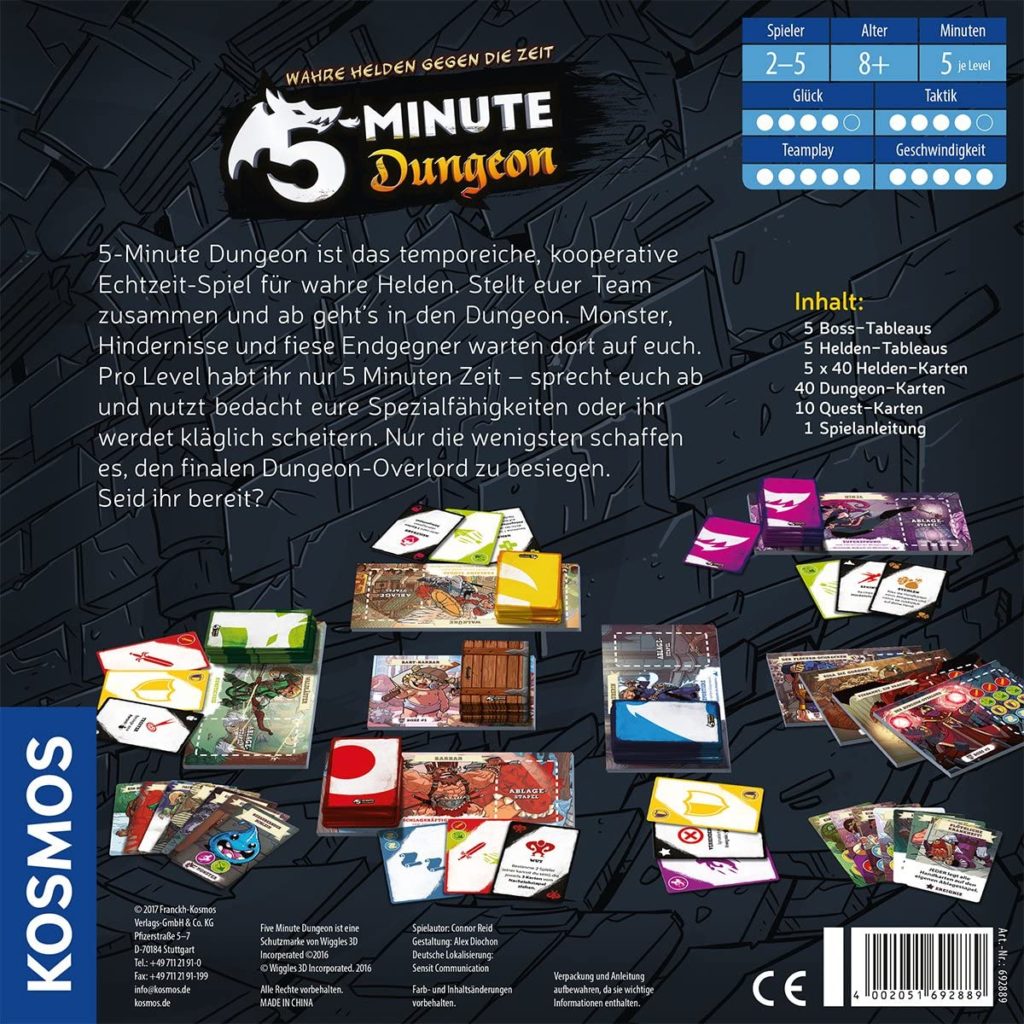 Rückseite der Spielverpackung von 5 Minute Dungeon